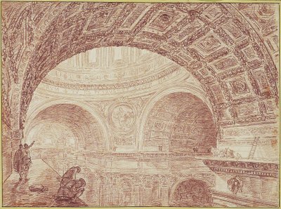 Uitzicht op de Gewelven van St. Pieter vanaf een Bovenste Kroonlijst door Hubert Robert